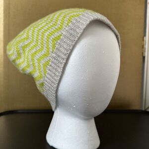 J.Crew One Size Green and White Wool Blend Winter Zig Zag Knit Beanie Hat